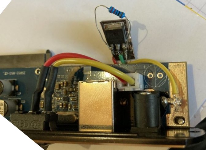 Front side of the SATA adapter with a soldered transistor acting as a low side switch