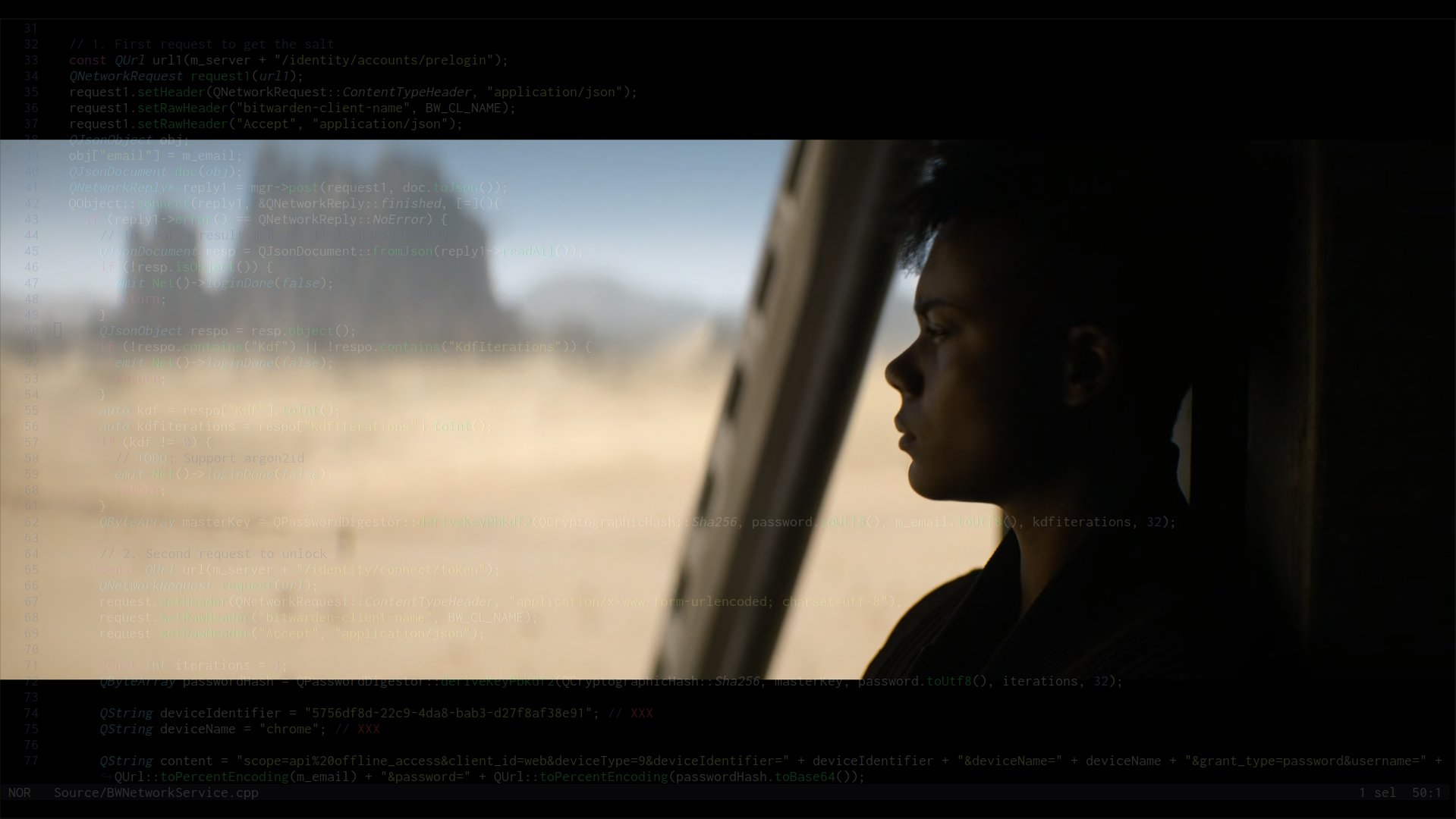 A transparent terminal and text editor on top of a video