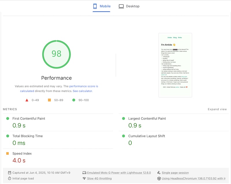 Results of xark.es on PageSpeed